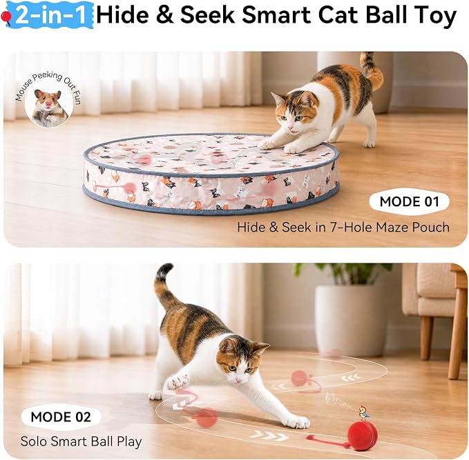 Cheerble Interactive Cat Toys 2 in 1, Automatic Moving Cat Ball with Tail & 7 Holes Play Mat, Hide and Seek Mouse Catching Game for Indoor Cats, Motion Activated Rechargeable Chirping Kitten Toys - Image 2