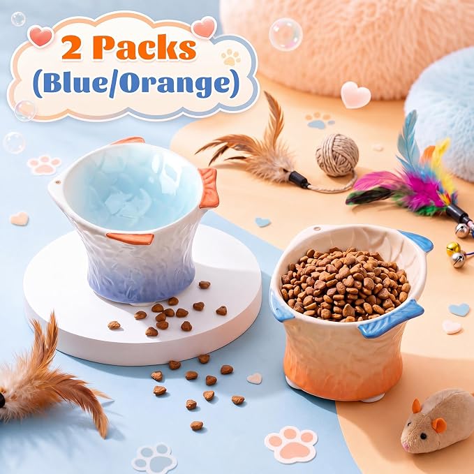 Tioncy 2 Pcs Raised Tilted Ceramic Cat Food Bowl Fish Shape Cute Elevated Slanted Shallow Angled Cat Dish Non Slip Feeder Bowl for Anti-Vomiting and Fatigue (Blue,Orange) - Image 6