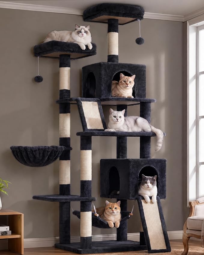 Cat Tree, 71'' Tower for Large Cat with Scratching Post, GCT032G | 2 Cat Condo House for Indoor Cats Large Adult, 2 Scratching Boards, 7 Posts, 2 Plush Perches, Hammock, Basket, Smoky Gray by Gitelnour