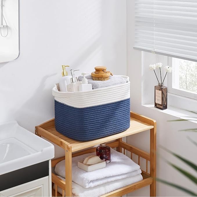 OIAHOMY Storage Baskets - Woven Cotton Rope Baskets for Shelves, Toy Towel Organizer Bins, Pack of 3, Blue & White - Image 5