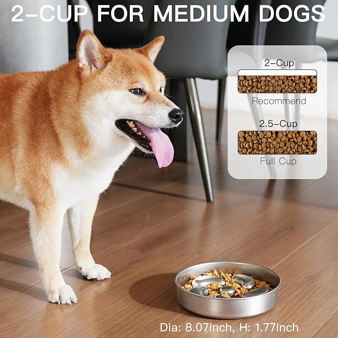 Feedoo Slow Feeder Dog Bowl-2Cups for Medium Breeds, Double Wall Food-Grade Stainless Steel, Heavy Duty with Non-Slip Rubber Base, Puzzle Maze Bowl to Slow Down Eating - Image 2
