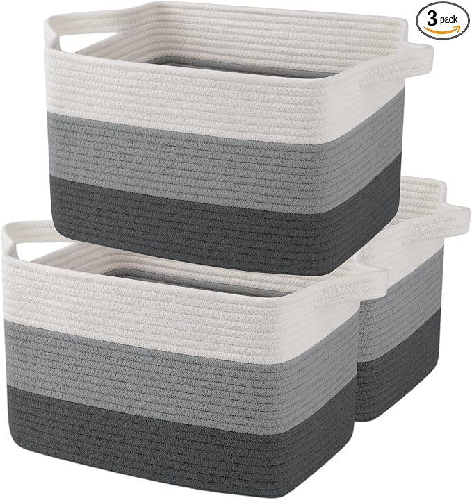 OIAHOMY Storage Basket, Woven Baskets for Storage, Cotton Rope Basket for toys,Towel Baskets for Bathroom - Pack of 3, Gradient Dark Gray by MasterofSpaceOptimization