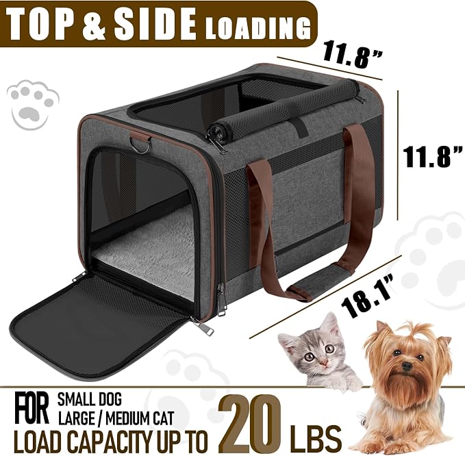 GAPZER Large Cat Carrier Soft, Collapsible Travel Pet Carry Bag, Small Dogs | Large Kitty Cat 20 lbs Maine Coon, Top Load Transport Small Puppy Dog Kennel, Yorkie Little Dog 10lbs, Ventilation Brown - Image 3