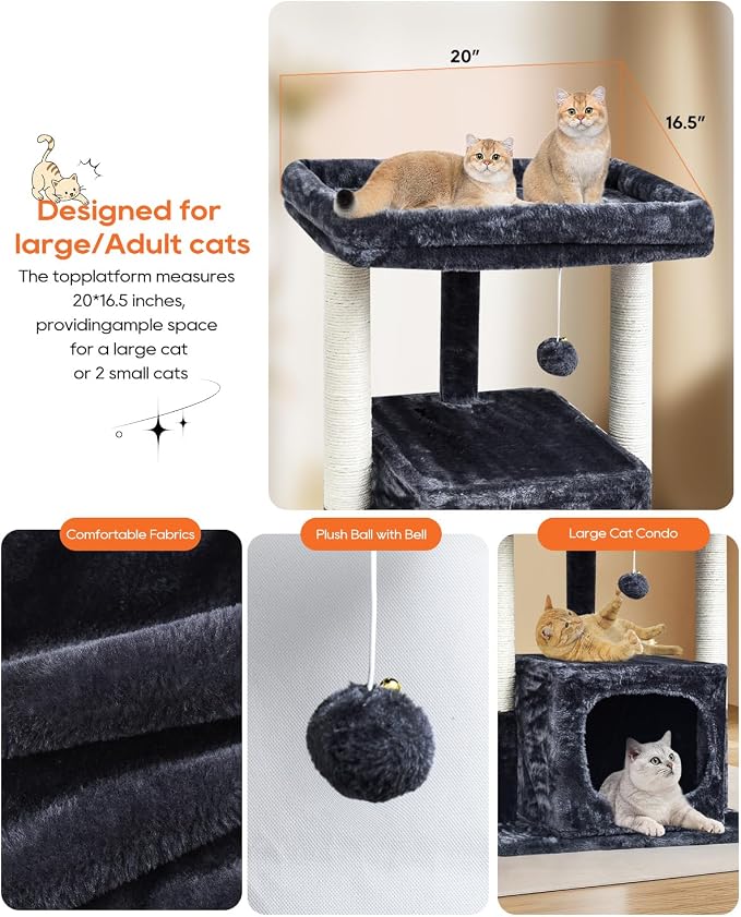 SYANDLVY 27IN Cat Tree for Indoor Cats Large Adult, Modern Activity Tower | Scratching Posts, Condo with Plush Perch, Climbing Stand with Spring Ball for Play, Smoky - Image 4