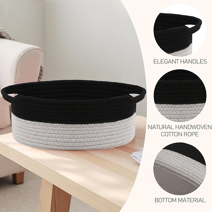 JMvicyroam Small Woven Basket, Empty Gift Basket, Black&Grey/1 Pack | Small Gift Basket, Cotton Rope, 12 x 8 x 78 in, Handles, Includes Ribbon and Bag, Birthday Gift Basket - Image 3