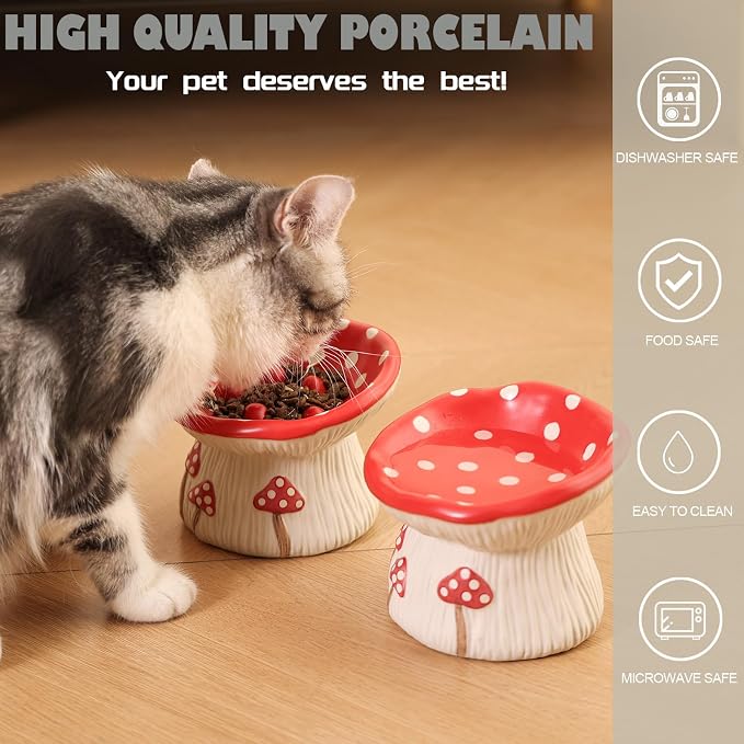 Ceramic Cat Bowl, Cute Red Mushroom Elevated Cat Food Dish, Shallow Raised Feeder, Anti Vomiting, Stress Free, Whisker Fatigue - Image 4