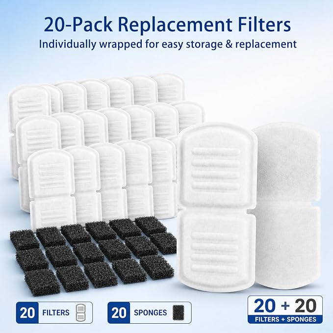 SORON 20 Pack Cat Water Fountain Filters Replacement, Compatible with GIOTOHUN/HOOISE/ATMZIQXR/UMOCUOY/IHOUONE 74oz/88oz/108oz Stainless Steel Pet Fountains, Premium Replacement Filters with Sponges - Image 6