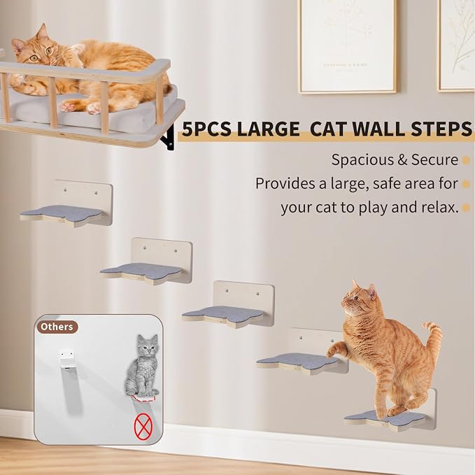 Large Cat Wall Shelves with 5 Steps - Heavy Duty Cat Wall Furniture, Climber, Shelves & Perches with Comfy Cushion & Guardrails, Space-Saving for Indoor Cats(Dark) - Image 7