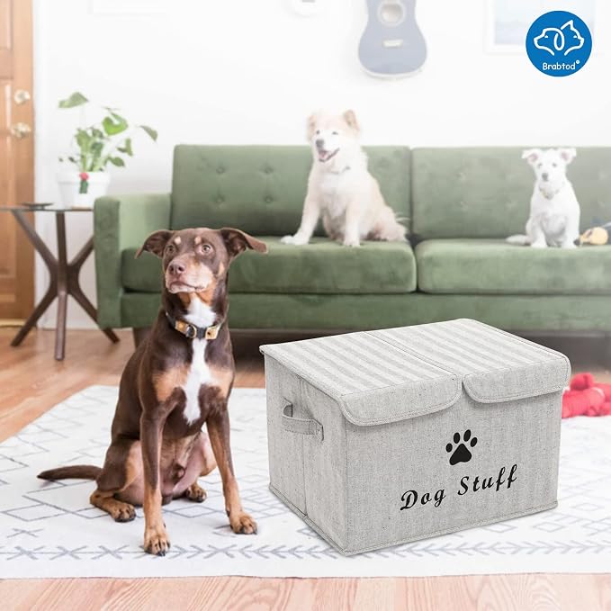 Large Dog Toys Storage Box Canvas Storage Basket Bin Organizer with Lid - Collapsible Linen Bin Ideal for Organizing Dog Cat Toys and pet Stuff-PP Boad-17" x 12" x 10" - Gray Stripe - Image 6