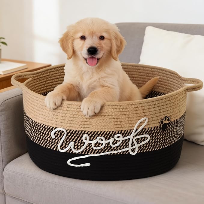 Woof Dog Toy Basket with Handles, Large Dog Toy Storage Bin with Paw Print, Woven Dog Basket for Blankets, Toys, Chews, Pet Toy Box for Nursery, Living Room, Bedroom, 20”x14”x9, Black - Image 5