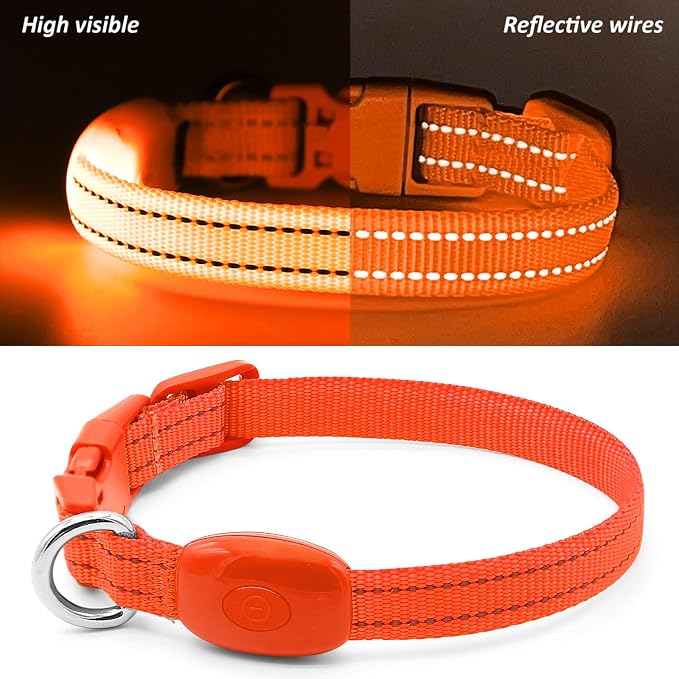 Light Up Dog Collar - Rechargeable LED Dog Collar, Adjustable Reflective Puppy Collar, Glowing Safety Dog Lights for Small Breeds Dogs Cats (Orange) - Image 2