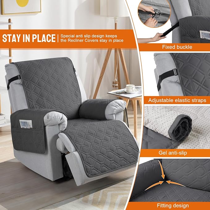 VANSOFY 100% Waterproof Recliner Chair Covers Washable, Charcoal Gray, 28" | Non-Slip, Slipcover with Pocket, Furniture Protector, Elastic Straps, Chair Cover for Pets, Dogs - Image 3
