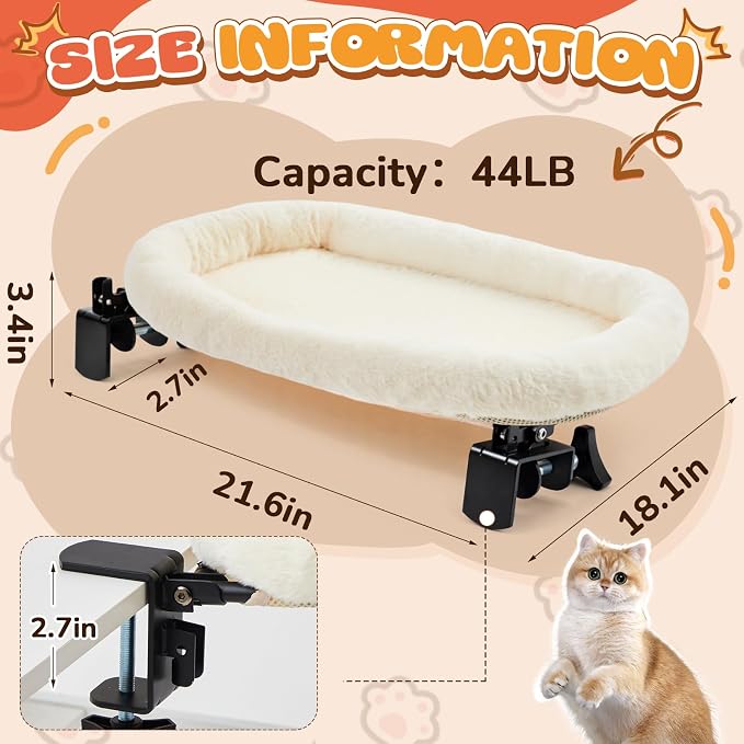 Lewtemi Bedside Pet Bed, Hanging Cat Hammock Attached to Bed or Desk, Adjustable Lounge with Heavy Duty Metal Frame, Soft Plush Guardrail, Stable Supports up to 44 Lbs for Large Cats(Cream) - Image 4