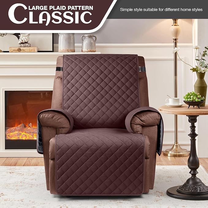 KinCam 100% Waterproof Recliner Chair Covers Washable, 25", Coffee | Anti Slip Reclining Couch Covers for Pets Dog, Recliner Sofa Slipcover Storage Pocket, Furniture Protector with Elastic Strap - Image 2