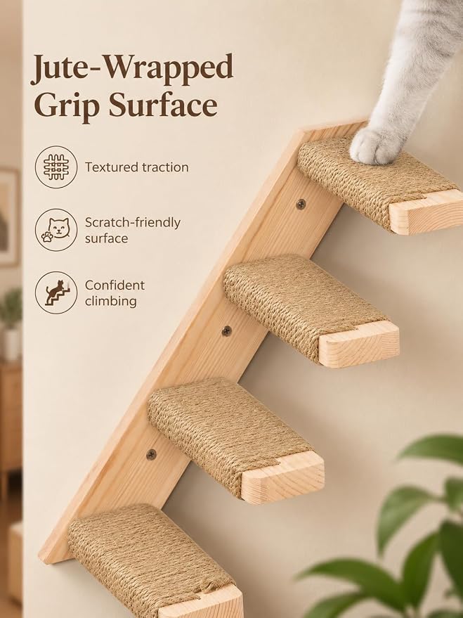 Cat Climbing Stair Shelf, Wall Mounted Reversible Ladder 2PCS 4 Steps | Reversible Left & Right Direction, For Cats up to 10 Pounds, Jute Scratching Ladder, Space Saving, 4-Step Design, Wall Mount - Image 4
