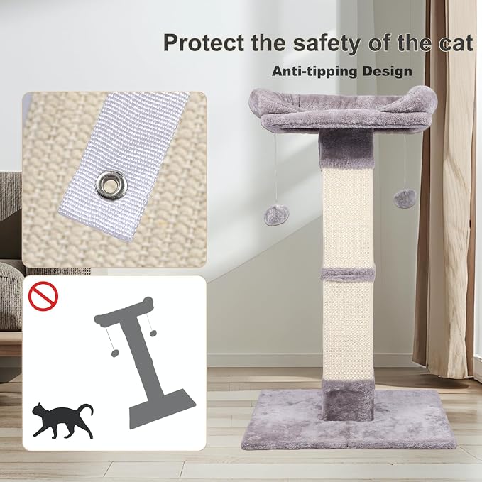 34" Tall Cat Scratching Post with Bed, Sisal Scratch Posts Trees with Plush Perch and Hanging Ball for Indoor Cats, Removable Cover, Large Scratch Post and Base, Rugged and Durable, Light Grey - Image 8
