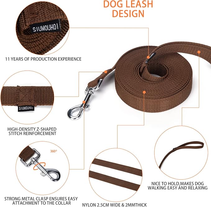 Strong Durable Nylon Dog Training Leash, 1 Inch Wide Traction Rope, 6 ft 10ft 15ft Long, for Small and Medium Dog (Brown, 15 Feet) - Image 4