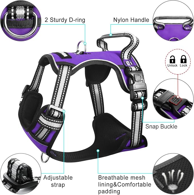 Dog Harness No Pull, Pet Harnesses with Dog Collar, Adjustable Reflective Oxford Outdoor Vest, Front/Back Leash Clips for Small, Medium, Large, Extra Large Dogs, Easy Control Handle for Walking - Image 5