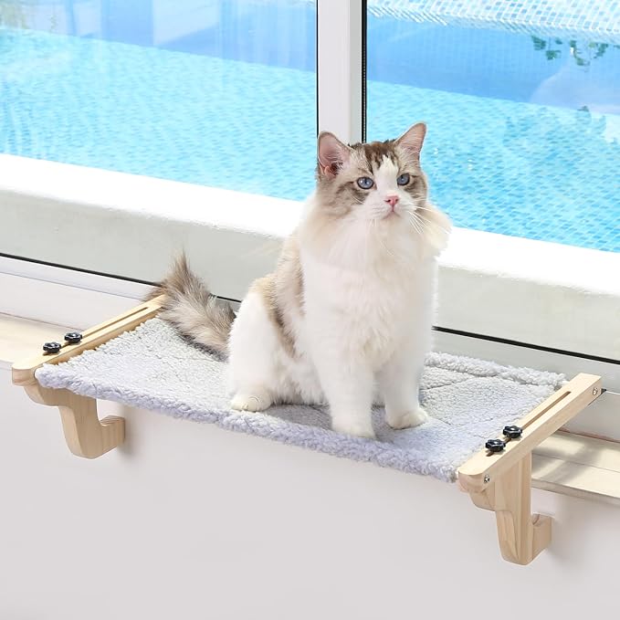 Zakkart Easy Seat Cat Perch for Window Sill - Hammock Design w/Pine Wood & Robust Metal Frame - Cat Window Seat for Large Cats and Kittens (Natural Color Wood w/Gray Bed, Large (26''W x 14''D)) by Zakkart
