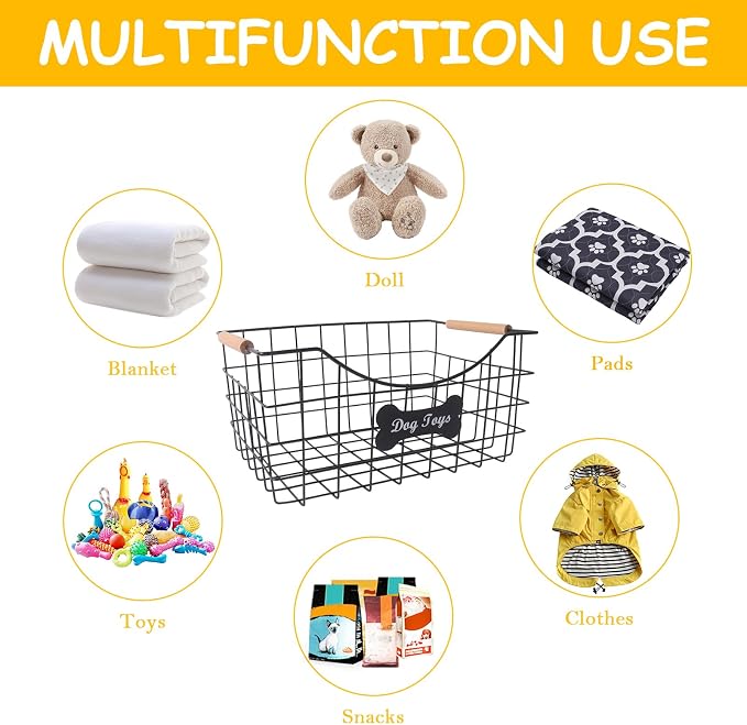 Metal Dog Toy Basket,Indestructible Dog Toy Bin with Wooden Handle,Sturdy Pet Storage Organizer,Ideal for Dog Leash,Blanket,Snacks-15.1 (L) x 10.7 (W) x 7 (H) inches - Image 6