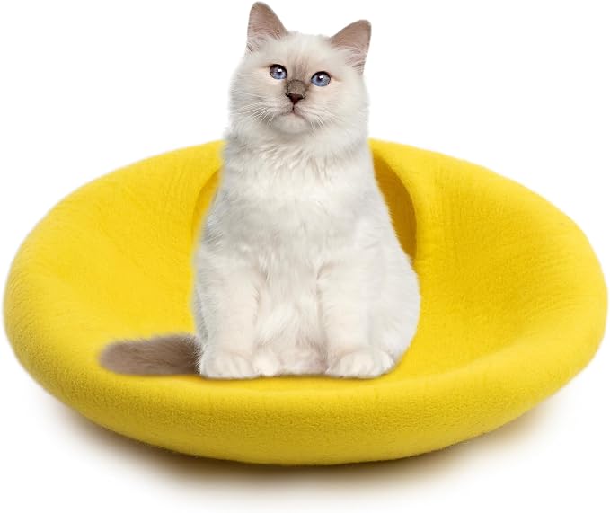 Luxurious Merino Wool Cat Cave - Foldable Hideaway Pod for Indoor Cats - Premium Felt Kitten Pet Enclosure - Covered Cat House for Ultimate Cozy Comfort by Woolygon (Yellow Plain) - Image 4