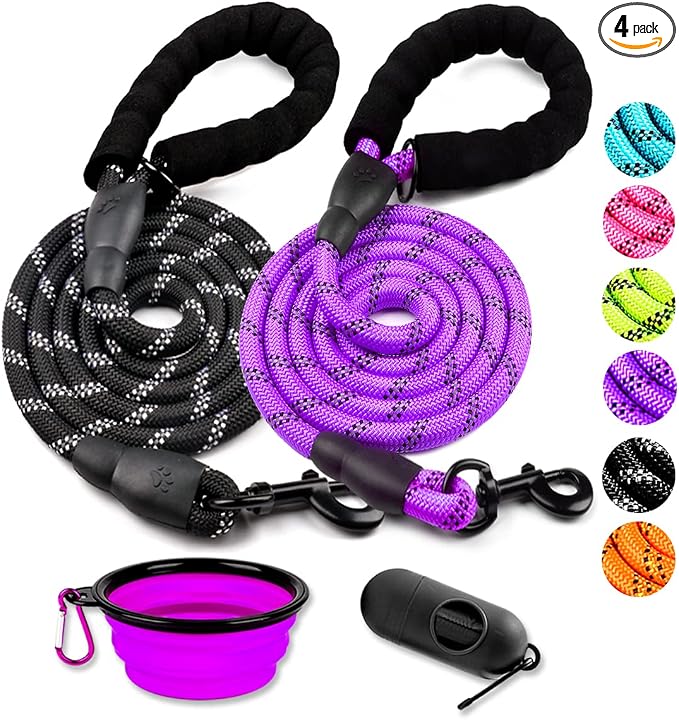 COOYOO 2 Pack Dog Leash 6 FT Heavy Duty - Comfortable Padded Handle - Reflective Dog Leash for Medium Large Dogs with Collapsible Pet Bowl Set 3-Black+Purple by COOYOO