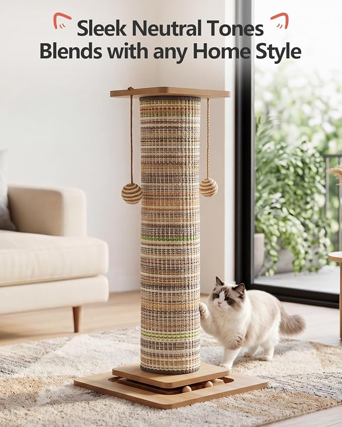 Odoland 31" Tall Large Cat Scratching Post with Replaceable Scratcher Pad | Natural Sisal, Solid Wood Base, Sturdy Durable Replaceable Pad, Interactive Track, Top Perch, Indoor Adult Cats Kitten - Image 2