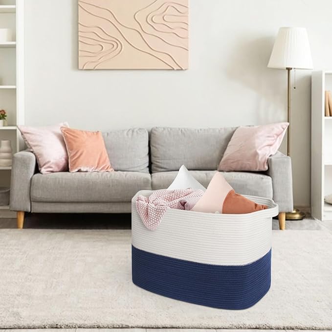 MEGASKET 108L Super Large Blanket Basket, 25" x 16" x 16" Jumbo Rectangle Basket for Blankets Living Room, Woven Cotton Rope Pillow Holder Organizer, Oversized Kids Dog Toy Storage Bin Box, Dark Blue - Image 7