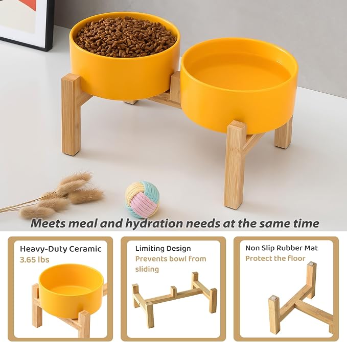 Raised Ceramic Dog Bowl Set - Elevated Dog Bowls with Non Slip Bamboo Stand, Food and Water Bowl Set for Small and Medium Breed Dogs, Pet Bowls, Weighted Dogs Dishes (6'', 2 * 30OZ, Yellow) - Image 5