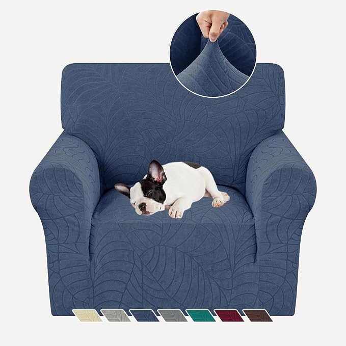 YEMYHOM Couch Cover Latest Jacquard Design High Stretch Sofa Chair Covers for Living Room, Pet Dog Cat Proof Armchair Slipcover Non Slip Magic Elastic Furniture Protector (Small, Begonia Leaf Navy) by YEMYHOM