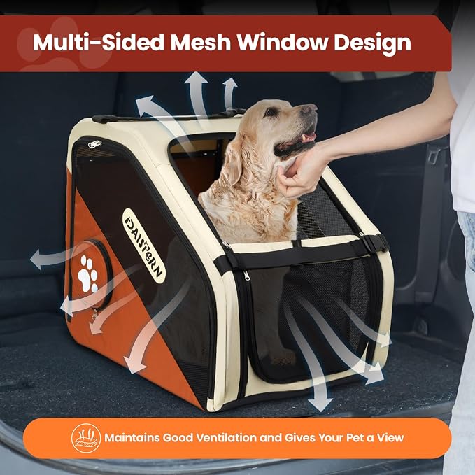 Collapsible Dog Crate for Travel, Portable Pet Crate for Small & Large Dogs, Soft-Sided Car Kennel with Heavy-Duty Metal Frame, Mesh Windows, Feeding/Comfort Access for Backseat Trunk Brown​ - Image 4