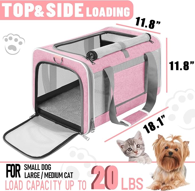 GAPZER Large Cat Carrier Soft, Collapsible Travel Pet Carry Bag, Small Dogs | Big Kitten Cat 20lbs Mainecoon, Top Open Travel Shih-Tzu Pet Kennel, Yorkie Small Dog 10 Pounds, 18x12x12, Durable Cloth Pink - Image 2