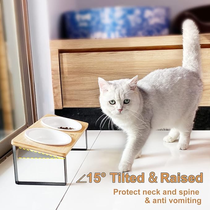 Sunhoo Ceramic Elevated Cat Bowls Raised Puppy Dishes for Food and Water Tilted Wooden Stand for Indoor Cats 5.5 inch Wide Double Dish Orthopedic Reduces Vomiting (Wood Color) - Image 4