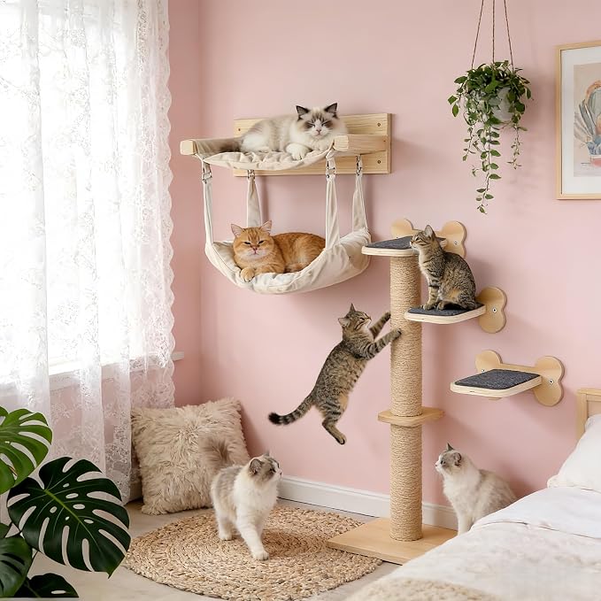 Wall Mounted Cat Double Hammock & 3 Steps, Pine Climbing Shelf & Perch Set, Multi-Function Wall-Mounted Cat Furniture for Sleep Play Climb, Easy DIY Installation - Image 7