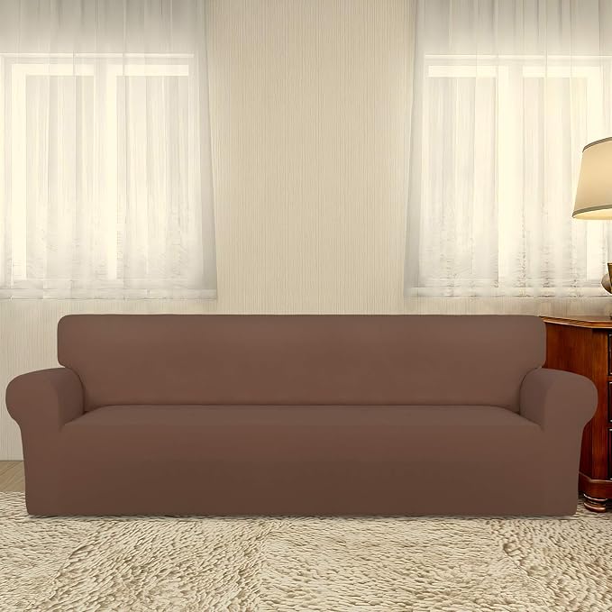 PureFit Stretch Couch Covers for Sofa 4 Seater Slipcovers Brown | 1-Piece Sofa Cover Washable Soft Couch protector, Couch Slipcover with Non Skid Foam and Elastic Bottom for Kids, Dogs - Image 2