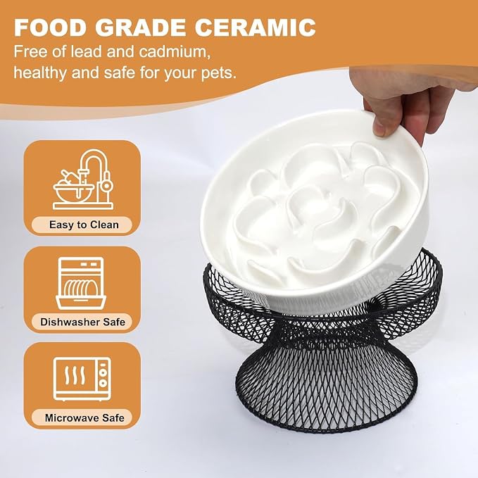 2PCS Raised Ceramic Cat Slow Feeder Bowl Elevated Food Bowl with Stand, Cat Slow Bowl for Wet Food and Dry Food,Slow Down Eating Speed, Whisker Friendly Pet Puzzle Feeder for Kitten and Small Dog - Image 5