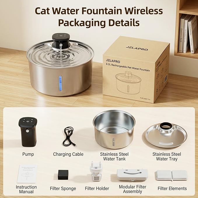 Jzlapro Wireless Cat Water Fountain,108oz Stainless Steel,Battery Operated | 3 Pack Filters | Cordless & Rechargeable | Motion Sensor | BPA-Free | DishwasherSafe | 20dB Ultra-Quiet | 3.2L capacity - Image 8