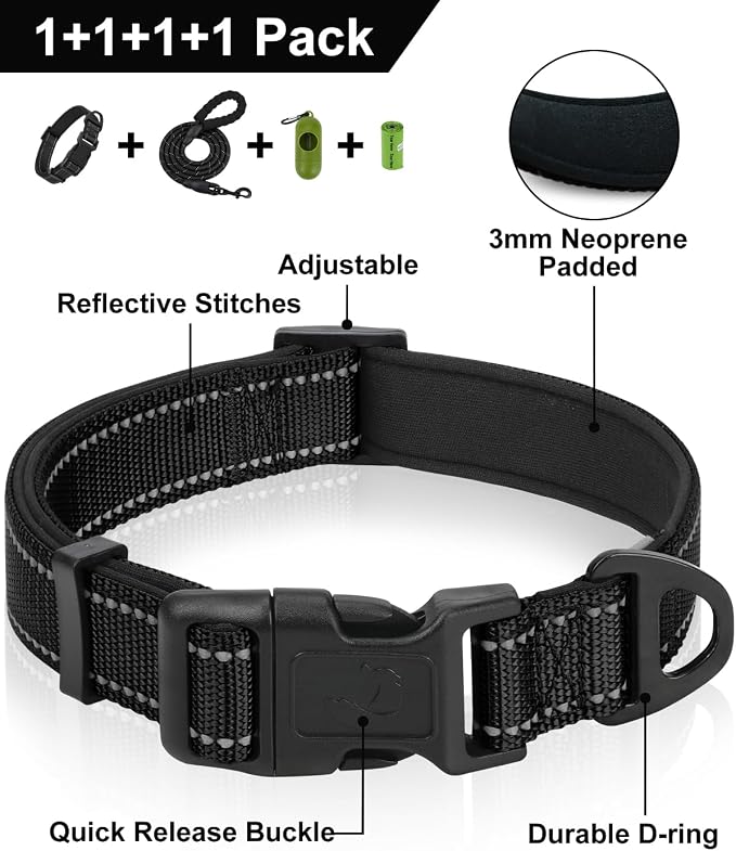 Dynmeow Reflective Dog Collar and Leash Set for Large Dogs, Black | Soft Neoprene Padded, 6FT Climbing Rope, Ideal for Daily Outdoor Walking or Indoor Wearing, Night Visible for Safety - Image 2