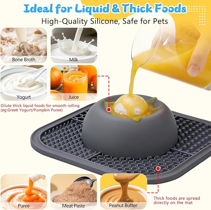 Slow Feeder Dog Bowls & Lick Mat for Liquid and Thick Treat, Anti-Slip Dog Lick Bowl with Interactive Rolling Ball, 5/6 Cup Pup Licking Toy for Large Medium Small Dogs and Cats Gray - Image 3