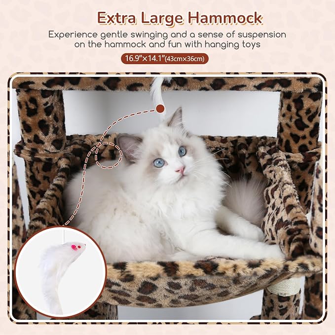 Globlazer Heavy Duty Leopard Cat Tree, 70in Sturdy Cat Tree for Indoor Cats Sturdy Large Cat Tower with Scratching Post & Board, Hammock, 2 Cat Condo for Adult Cats Kittens, F70 Pro, Leopard Print - Image 4
