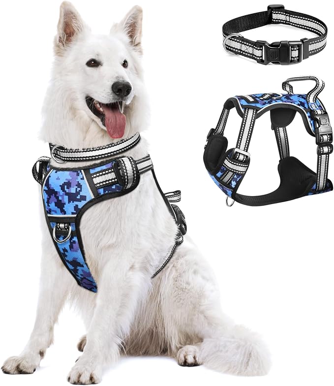 Dog Harness No Pull, Pet Harnesses with Dog Collar, Adjustable Reflective Oxford Outdoor Vest, Front/Back Leash Clips for Small, Medium, Large, Extra Large Dogs, Easy Control Handle for Walking by WINSEE