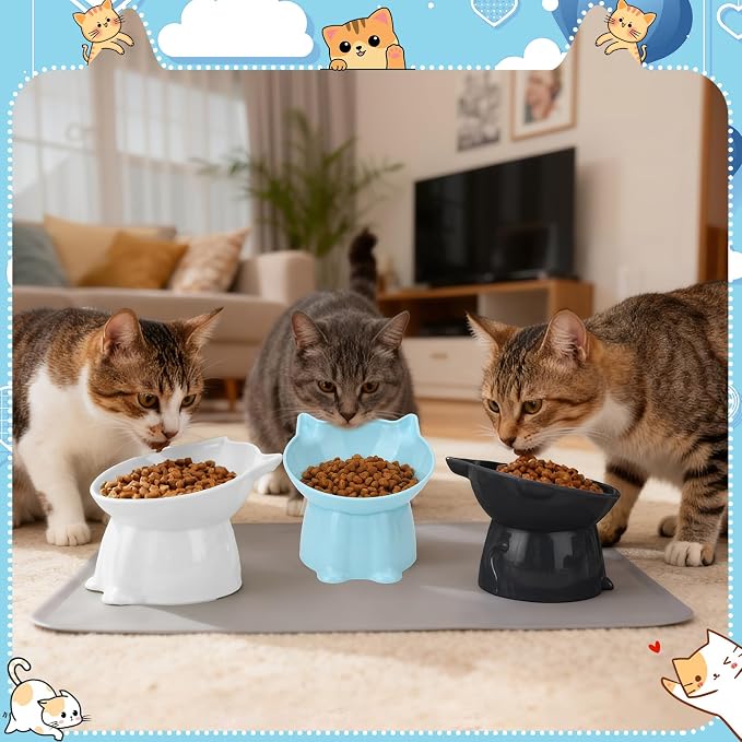 3 Pcs Elevated Cat Bowls 15°Raised Cat Food Bowl with Silicone Mat Blue | Whisker Friendly Anti Vomiting Cats Dishes Pet Food and Water Bowls for Indoor Cats Kittens - Image 6