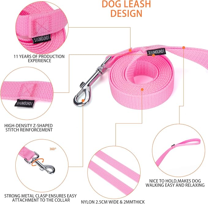 Strong Durable Nylon Dog Training Leash, 1 Inch Wide Traction Rope, 6 ft Long, for Small and Medium Dog (Pink, 6 Feet) - Image 4
