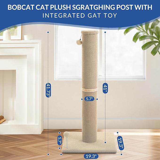 Cat Craft 41" Cat Scratching Post, Beige | Short Plush Fabric, Stable Wide Base, Replaceable Hanging Ball, Full Stretch Design - Image 3