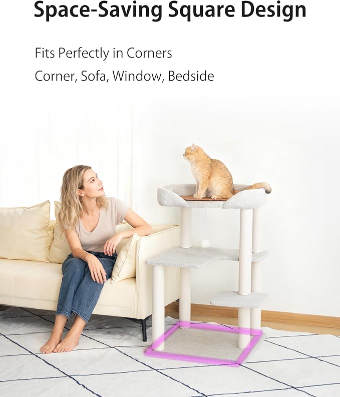 Cat Tree Tower Wooden 37.4''(95 cm), Large Cat Tree with Jump Platform & Play Ball for Indoor Cats, Ideal Cat's Climbing Frame & Playhouse (Linen Fabric Light Grey) - Image 10