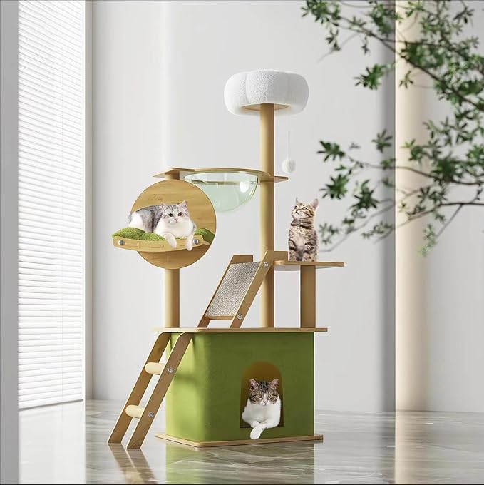 59.1-Inch-Green Cat Tree for Indoor Cats Large Adult, with Cat Condos,Cat Scratchers,Cat Hammock,Space Capsule, Plush Jumping Platform,Hanging Ball,Cat Trees for Indoor Cats(Green/Log Color) - Image 8