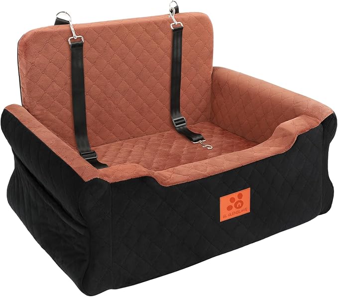 Dog Car Seat for Large/Medium Dogs Up to 55 Lbs, Soft Fabric Car Dog Bed | Removable and Washable Pet Booster Car Seat with 2 Safety Leashes, Thick Cushion (Black/Bronw) by XIEEAOZEE