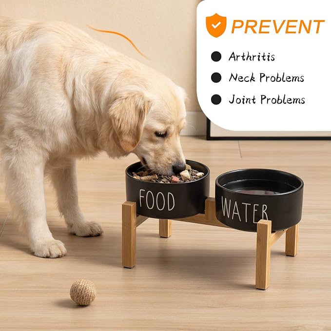 Elevated Ceramic Dog Bowls Set - Food & Water Lettering Raised Dog Bowl with Non-Slip Bamboo Stand for Cats and Small Dogs, Weighted Dogs Dishes Pet Bowls (5.1 inch, 2 * 16oz, Black) - Image 6