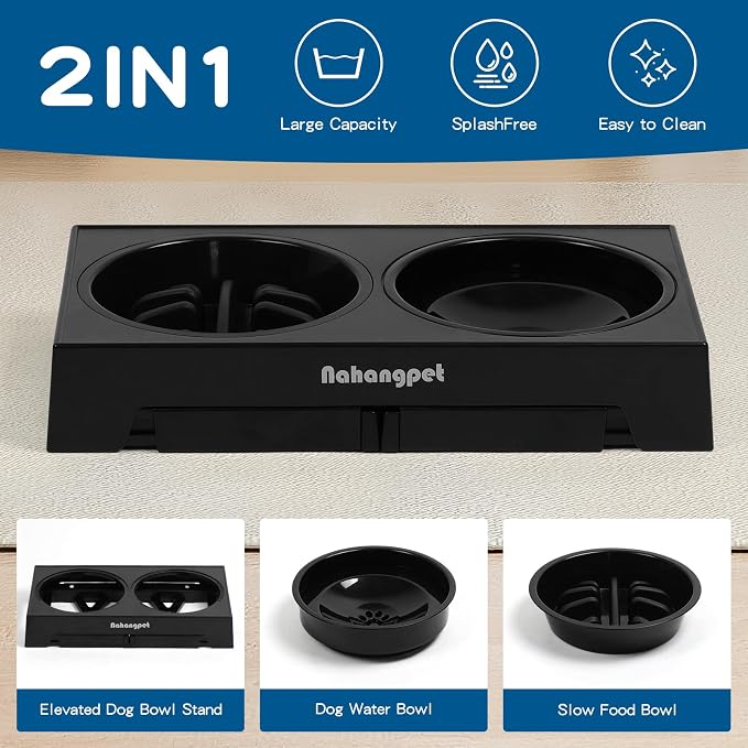 2-in-1 Elevated Slow Feeder Dog Bowls for Food and Water, 5 Heights Adjustable Raised Dog Bowls, Non-Slip, No Spill, for Small Medium Large Dogs and Cats(Black) - Image 6