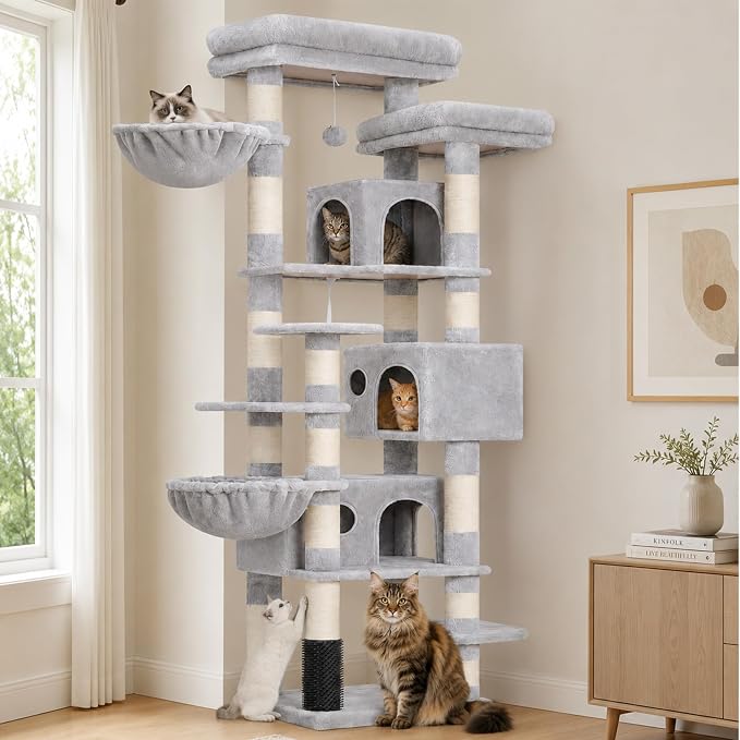 Hey-brother Cat Tree, Multi-Level Tower with 3 Condos, Hairbrush, MPJ035-MW | 74 Inches XL Large Scratching Posts for Indoor Cats and Kittens, 2 Wide Platforms, 2 Plush Baskets, Toy Balls, Light Gray - Image 9